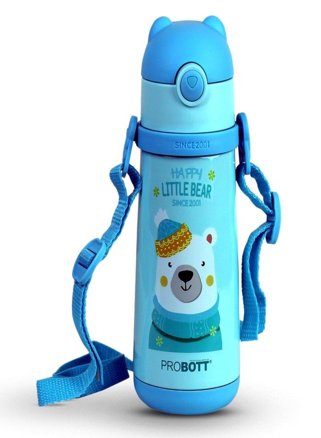 Probott School Champ 370ml Sipper Bottle for 3-5yrs Old Kids with Straw & Strap to Carry, Blue | Stainless Steel Hot & Cold Water Bottle | Double Walled Vacuum Flask | Perfect for Toddlers | Leakproof - Image 1
